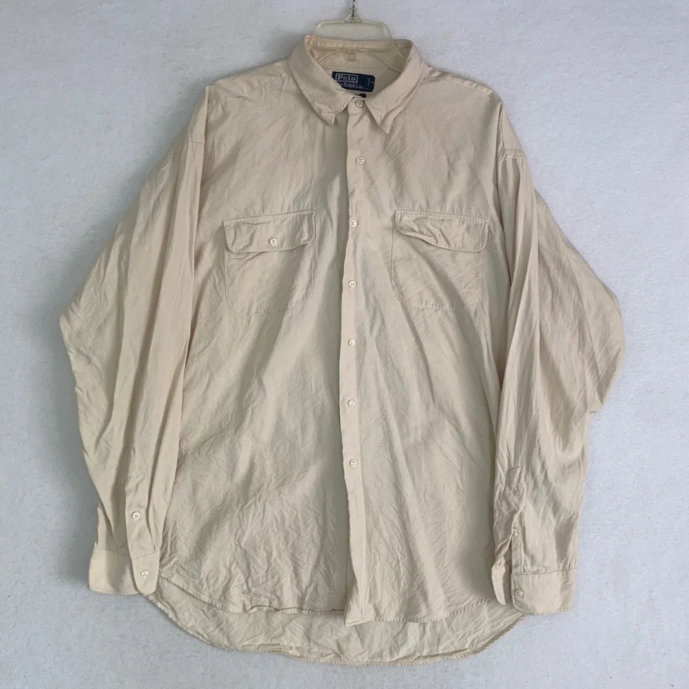 VTG Polo Ralph Lauren Button Down Benford Shirt Mens XL Beige Silk Cotton